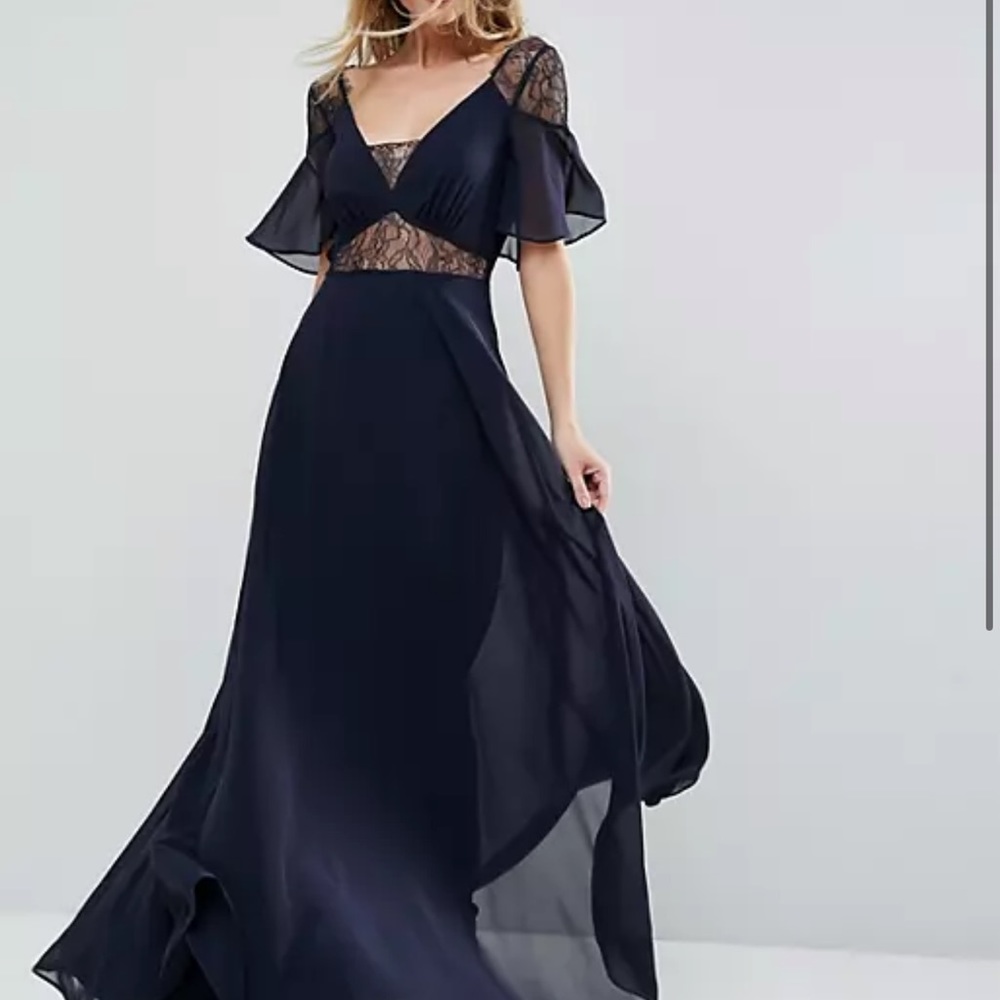 Navy blue sheer lace maxi dress